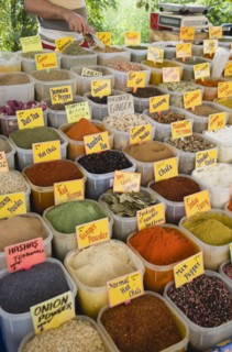 Kusadasi, Aydin Province, Turkey. Stall at weekly market selling spices and chili powders in