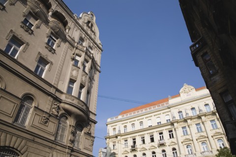 Budapest, Pest County, Hungary. Angled view of renovated building facades. Hungary Hungarian Europe