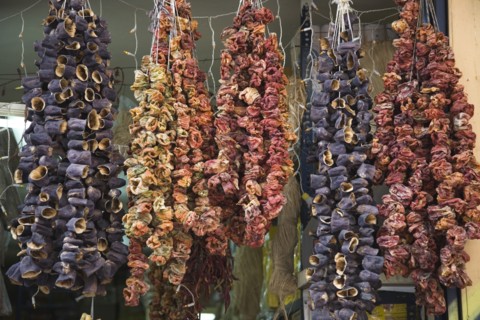 Athens, Attica, Greece. Chili peppers Capsicum annuum cultivars hung up to dry. Greece Greek Europe