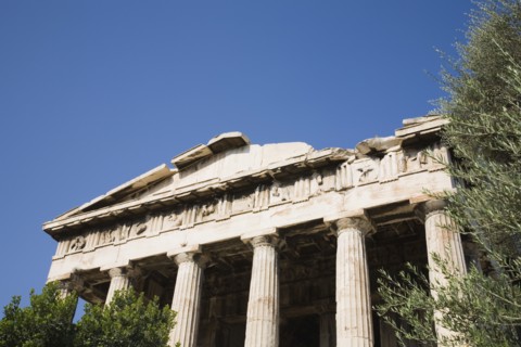 Athens, Attica, Greece. Part view of ruined portico and columns of eastern face of the Temple of