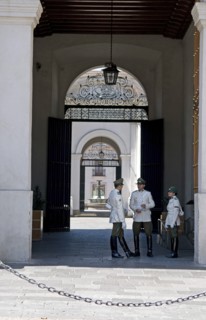 Santiago, Chile. Main entrance of the Palacio de la Moneda Presidential Palace guarded by high