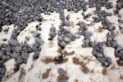 Birling Gap, East Sussex, England. Pebbles of various sizes deposited on chalk shelf by the sea.