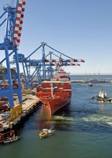 Valparaiso, Chile. Container ship at the busy container port of this UNESCO World Heritage city.