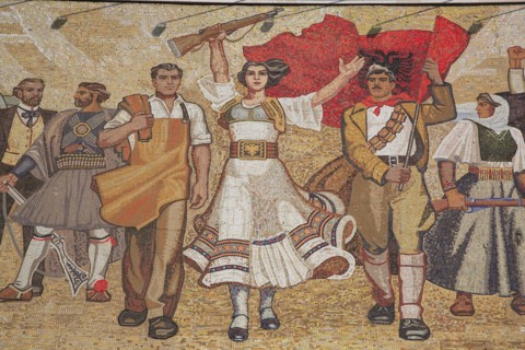 Tirana, Albania. Skanderberg Square Mosaic on the facade of the National History Museum. Albanian