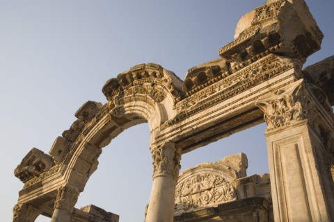 Selcuk, Izmir Province, Turkey. Ephesus. Detail of carved archway and supporting columns in antique