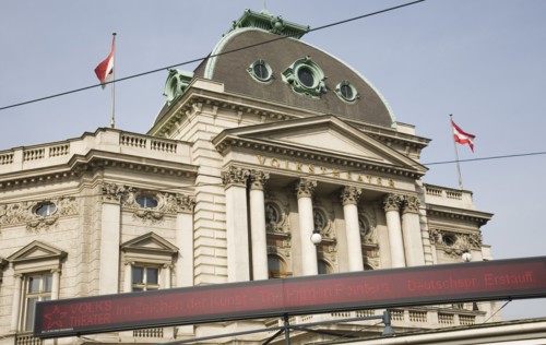 Vienna, Austria. Neubau District. Digital ticker sign outside the Volkstheater exterior facade and