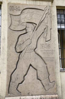 Budapest, Pest County, Hungary. 1848 Revolution memorial depicting soldier holding flag and rifle