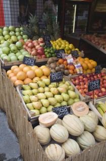 Budapest, Pest County, Hungary. Fruit stall at the rail terminus Budapest Nyugati palyaudvar.