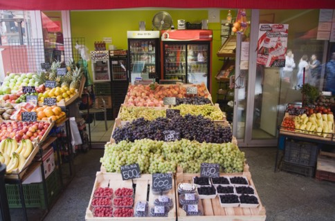 Budapest, Pest County, Hungary. Fruit and vegetable stall at the rail terminus Budapest Nyugati