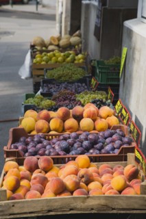 Budapest, Pest County, Hungary. Budapest crates of fruit for sale on stall at the rail terminus