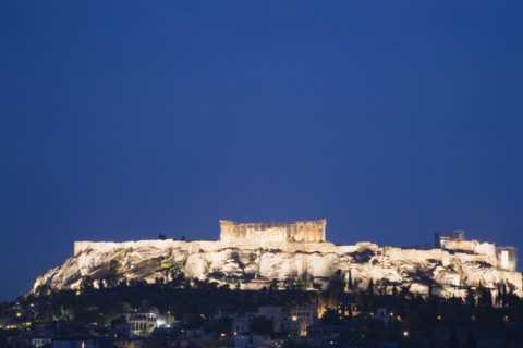 Athens, Attica, Greece. View towards the Acropolis illuminated at dusk. Greece Greek Europe