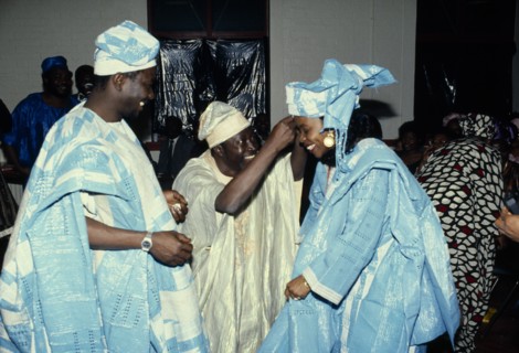 Weddings, Religion, Nigeria. Bride and Groom at traditional wedding dressed in traditional clothing