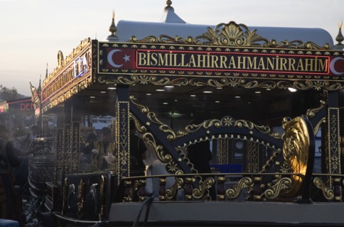 Istanbul, Turkey. Sultanahmet. Traditional fish restaurant boat on the Golden Horn adjacent to