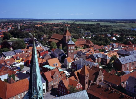 Denmark, Jutland, Ribe, View north-east over city rooftops from the twelth century Domkirke tower.