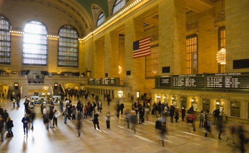 USA, New York, New York City, Manhattan  Grand Central Terminal railway station with people walking