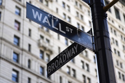 USA, New York, New York City, Manhattan  Street signs for Wall Street and Broadway in the financial