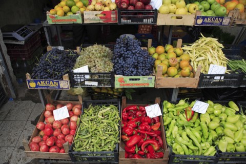 Albania, Tirane, Tirana, Grocers stall in Avni Rustemi Market with fruit and vegetable display