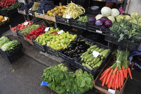 Albania, Tirane, Tirana, Display of fruit and vegetables at grocers stall in the Avni Rustemi