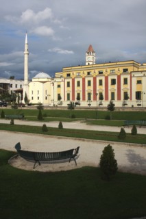 Albania, Tirane, Tirana, Government Buildings and Ethem Bey Mosque on Skanderbeg Square with formal