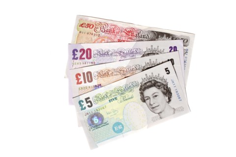 Business, Finance, Money, English sterling currency. Five  ten  twenty and fifty pound notes fanned