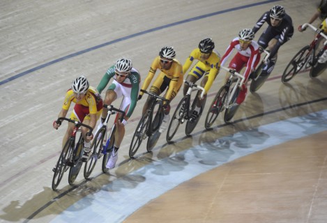 India, Delhi, 2010 Commonwealth games  cyclists in the velodrome.