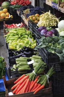 Albania, Tirane, Tirana, Grocers fruit and vegetable shop front in the Avni Rustemi market with