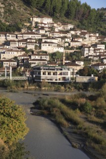 Albania, Berat, Traditional Ottoman buildings overlooking the River Osum.