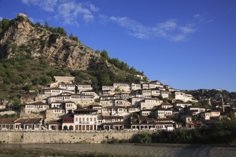 Albania, Berat, Traditional Ottoman buildings in hillside town overlooking the River Osum.