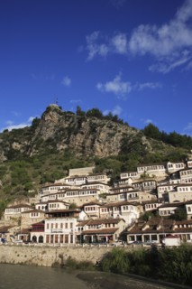 Albania, Berat, Traditional Ottoman buildings on hillside above the River Osum.