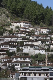 Albania, Berat, Ottoman houses on hillside.