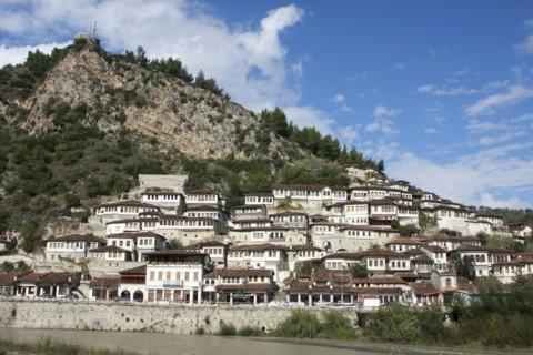 Albania, Berat, Ottoman houses at foot of steep hillside.