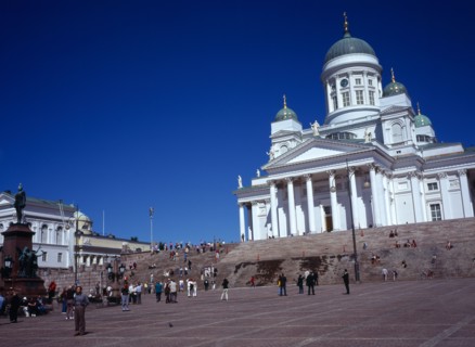 Finland, Helsinki, Senate Square and Lutheran Cathedral.  White exterior facade in neo-classical
