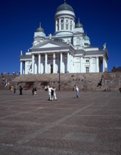 Finland, Helsinki, Senate Square and Lutheran Cathedral.  White exterior facade in neo-classical