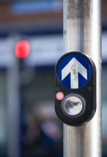 Ireland, County Dublin, Dublin City, Traffic light controlled pedestrian crossing button with halt