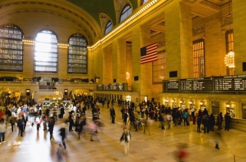 USA, New York, New York City, Manhattan  Grand Central Terminal railway station with people walking