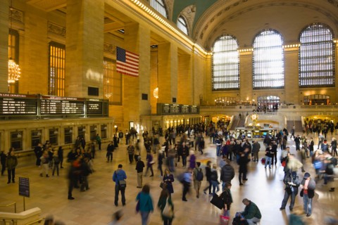 USA, New York, New York City, Manhattan  Grand Central Terminal railway station with people walking