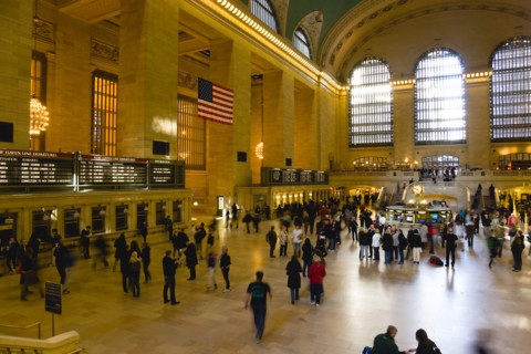 USA, New York, New York City, Manhattan  Grand Central Terminal railway station with people walking