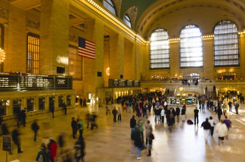 USA, New York, New York City, Manhattan  Grand Central Terminal railway station with people walking
