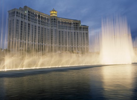 USA, Nevada, Las Vegas, Bellagio hotel and casino on the strip with fountain display in the