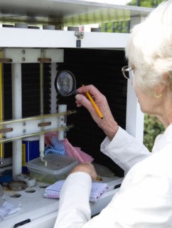 Climate, Weather, Measurements, Female weather observer using a magnifying glass to take readings