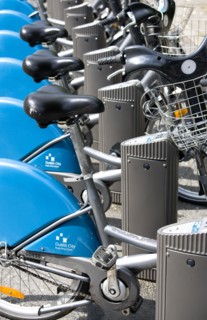 Ireland, County Dublin, Dublin City, Dublinbikes bicycle sharing scheme bikes parked and locked at