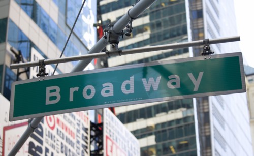 USA, New York, New York City, Manhattan  Overhead road sign for Broadway.