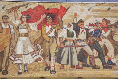 Albania, Tirane, Tirana, Detail of mosaic on the exterior facade of the National History Museum