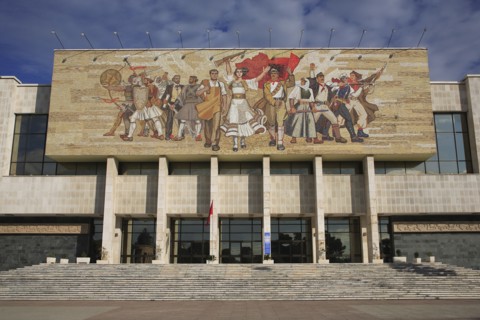 Albania, Tirane, Tirana, National History Museum exterior facade with mosaic representing the