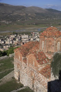 Albania, Berat, St Triada Church with view over the town and River Osun.