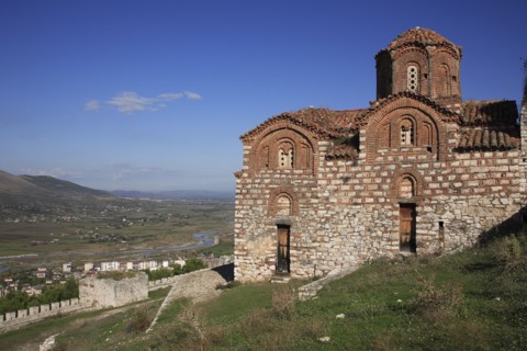 Albania, Berat, St Triada Church with view over the town and River Osun.