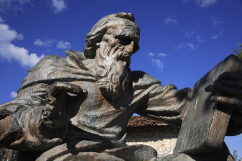 Albania, Berat, Portrait statue of Onufri  sixteenth century painter of Byzantine style icons in