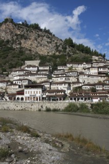 Albania, Berat, Ottoman houses overlooking the Osum River.