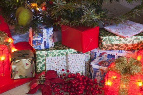 Festivals, Religious, Christmas, Detail of lights and decorations and xmas gifts under a Nordman