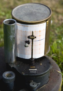 Climate, Weather, Measurements, Tipping Bucket Rain Gauge Recorder with ink pen marking duration of
